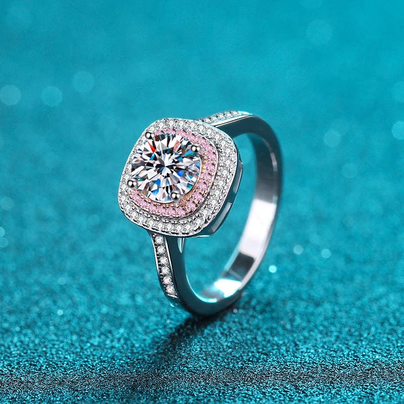 Pink Halo Moissanite Engagement Ring in 925 Sterling Silver