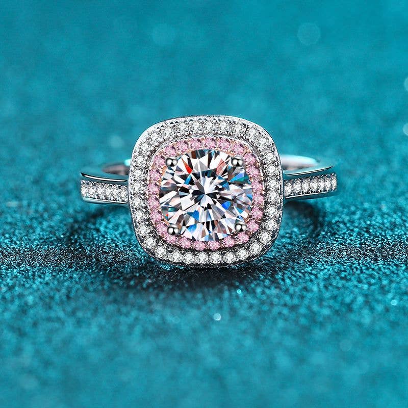 Pink Halo Moissanite Engagement Ring in 925 Sterling Silver